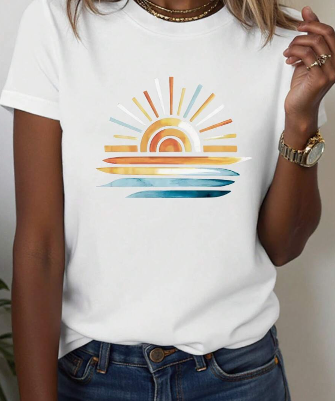Women's Sun Print Casual Versatile Round Neck Short Sleeve T-Shirt