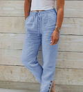 Solid Color Button Pocket Straight Leg Pants With Lace Patchwork